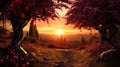 Sunset Fantasy: A Photorealistic Neogeo Uhd Image Of Red Orchards And Trees