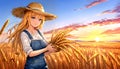 Anime girl farmer wheat field harvest