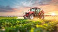 Sunset farming tractor utilizing irrigation for crop spraying or harvesting with data infographic Royalty Free Stock Photo