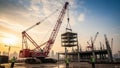 Sunset features a large red mobile crane lifting a modular steel Royalty Free Stock Photo