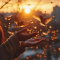 Sunset feeding birds, hands, city background Royalty Free Stock Photo
