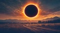 At sunset, a field is bathed in the light of an eclipse under a cloudy sky with a horizon and a path leading away Royalty Free Stock Photo