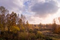 Sunset on a field with grass, birches, other trees and dramatic cloudy sky background in golden autumn evening Royalty Free Stock Photo