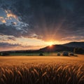 Sunset on the field with young rye or wheat in the summer with a cloudy sky background. Landscape. made with Royalty Free Stock Photo