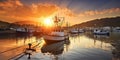 sunset in fish harbor in Greece, Thessaloniki, boats and ships are moored, fishing tackle and fish nets lie on the pier