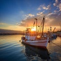 sunset in fish harbor in Greece, Thessaloniki, boats and ships are moored, fishing tackle and fish nets lie on the pier