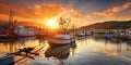 sunset in fish harbor in Greece, Thessaloniki, boats and ships are moored, fishing tackle and fish nets lie on the pier