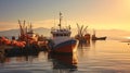 sunset in fish harbor in Greece, Thessaloniki, boats and ships are moored, fishing tackle and fish nets lie on the pier