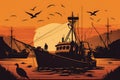 Sunset at the Fishery vector style Illustration of Boats and Nets Against the Orange Sky