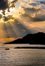 Sunset fishing silhouettes of fishermen in a small boat. Nature landscape Royalty Free Stock Photo