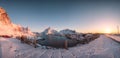 Sunset on fishing village with snowy mountain at Reine Royalty Free Stock Photo