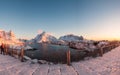 Sunset on fishing village with snowy mountain at Reine Royalty Free Stock Photo