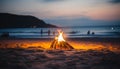 Sunset flame burning on sand, nature beauty in twilight horizon generated by AI