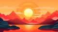 Sunset flat cartoon background. Vector illustration Royalty Free Stock Photo