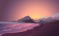 Sunset flat landscape mountains and beach vector illustration