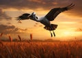 Sunset Flight: A Portrait of Six-Winged Cranes in a Field of Whe Royalty Free Stock Photo