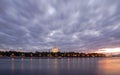 Sunset floating clouds above the Smolniy cathedral in Saint Petersburg Royalty Free Stock Photo