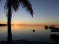 Sunset in the Florida Keys with Palm Tree and Dock Royalty Free Stock Photo
