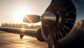 Sunset flying Airplane propeller speeds through metal aircraft wing generated by AI Royalty Free Stock Photo