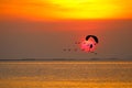 Sunset Flying Birds And Silhouette Paramotor Over Sea And Colorful Red Cloud On Sky