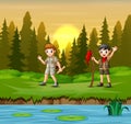 Sunset at forest background with a scout boys