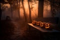Sunset in the forest with creepy evil glowing eyes of Jack Lanterns to the right of the wooden bench on Halloween night