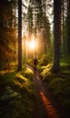 Sunset forest journey. Summer tourism hiking in woods. generative ai