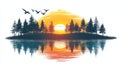 Sunset over Forest Lake with Birds Flying Reflecting in Water Royalty Free Stock Photo
