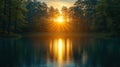 Sunset forest lake reflection, peaceful nature scene Royalty Free Stock Photo