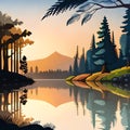 Sunset forest landscape view. AI generated.
