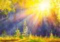 Sunset forest landscape. Watercolor painting. Hand drawn outdoor illustration