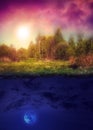 Sunset forest night mountains collage Royalty Free Stock Photo