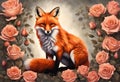 Sunset Fox Portrait: Rose Flower Composition Rose Flower Fox