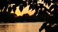 Sunset framed by leaves, river, boats, peaceful evening, nature Royalty Free Stock Photo