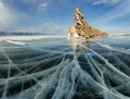 Sunset on the frozen Lake Baikal, Oltrek island