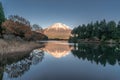 Sunset Fuji mountain reflections at Tanuki Lake (Tanukiko). Shizuoka prefecture, Japan