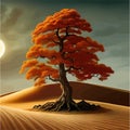 Sunset or full moon in African autumn orange big crooked tree on hill alone