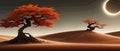 Sunset or full moon in African autumn orange big crooked tree on hill alone