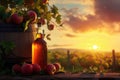 Sunset in garden with apple cider vinegar bottle, fresh apples, wooden barrel