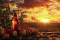 Sunset in garden with apple cider vinegar bottle, fresh apples, wooden barrel