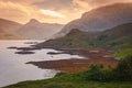 Sunset at the Gleann Dubh loch in Unapool, northwest coast Scotland Royalty Free Stock Photo