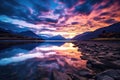 Sunset at Glenorchy, South Island, New Zealand, beautiful twilight sky over a fjord, AI Generated Royalty Free Stock Photo