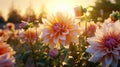 Sunset Glow Capture Dahlia flowers during the golden hour of sunset. Emphasize the warm, soft light illuminating the petals, Royalty Free Stock Photo