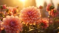 Sunset Glow Capture Dahlia flowers during the golden hour of sunset. Emphasize the warm, soft light illuminating the petals,