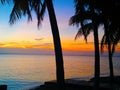 Sunset glow over a beautiful tropical beach and ocean water. Different colours of clouds and the silhouette of palm tree. Royalty Free Stock Photo