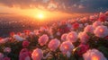 Sunset Glow Over a Blossoming Rose Garden in the City. Generative ai