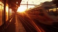 Sunset Glow Over Fast-Moving Train At Urban Railway Station. Generative AI