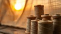 Sunset glow over thread spools arranged on a wooden surface showcasing craftsmanship and creativity in an artistic environment Royalty Free Stock Photo