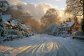 Sunset Glow on Snowy Suburban Lane Royalty Free Stock Photo