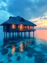 Sunset Glow on Tropical Overwater Villa.Overwater bungalow bathed in the warm glow of a tropical sunset